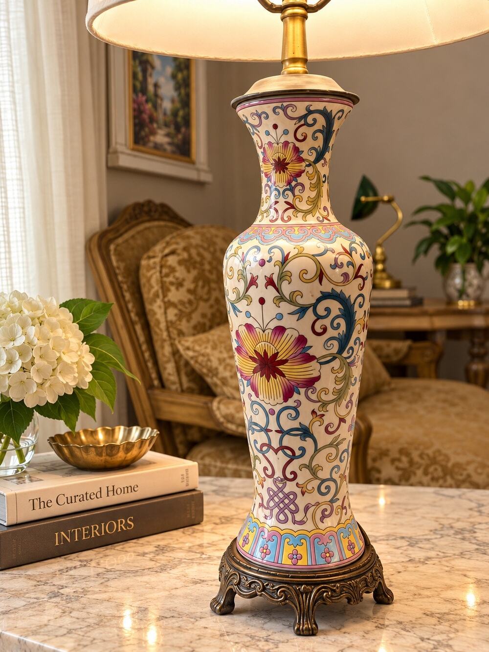 Vintage Bombay Hand-Painted Floral Ceramic Table Lamp, Ornate Antique Brass Base